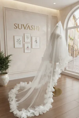 Suvashi White Church Wedding Veil | Christian Bridal Veil with 3D Organza Flower Border | Long Cathedral Veil for Bride