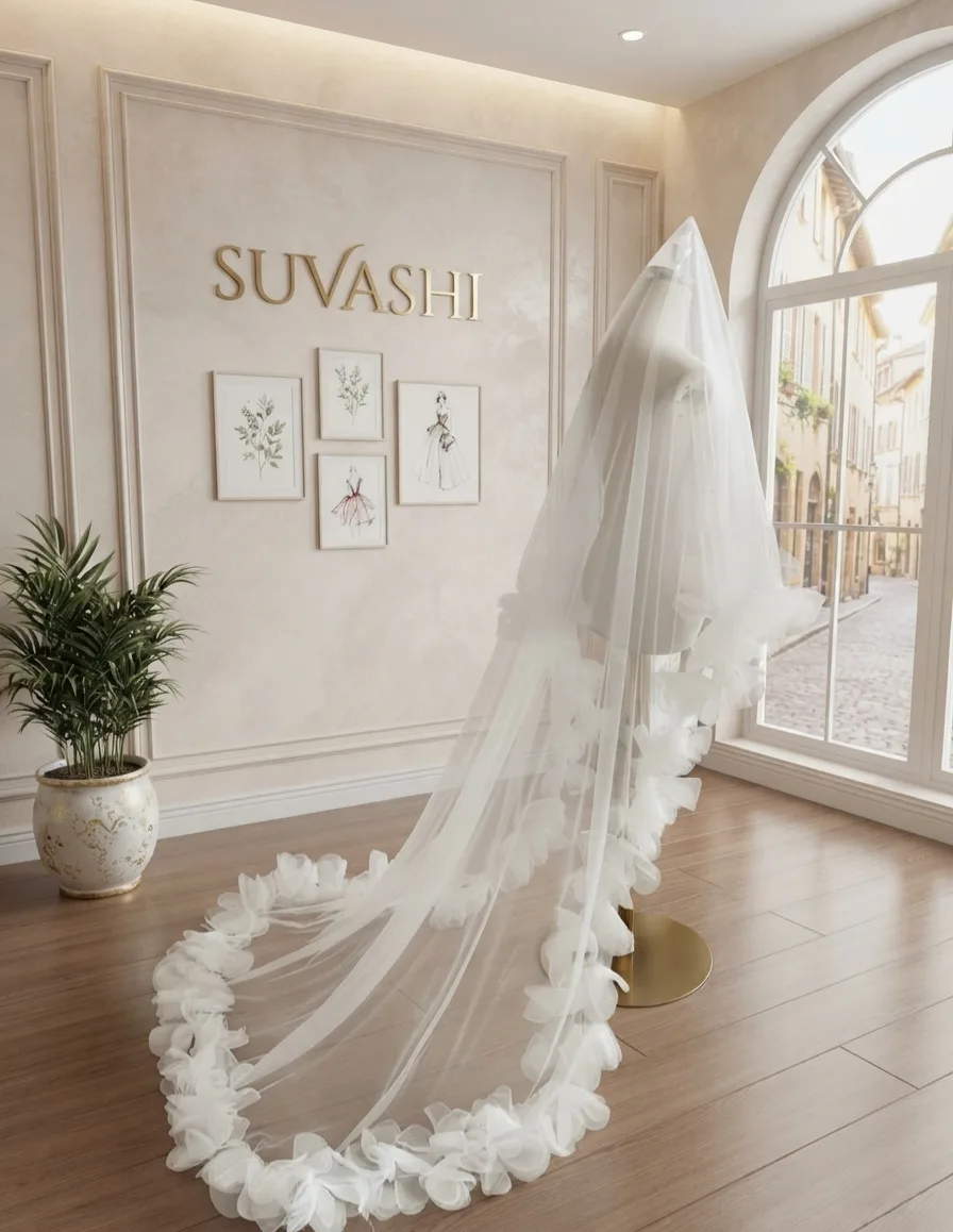 Suvashi White Church Wedding Veil | Christian Bridal Veil with 3D Organza Flower Border | Long Cathedral Veil for Bride