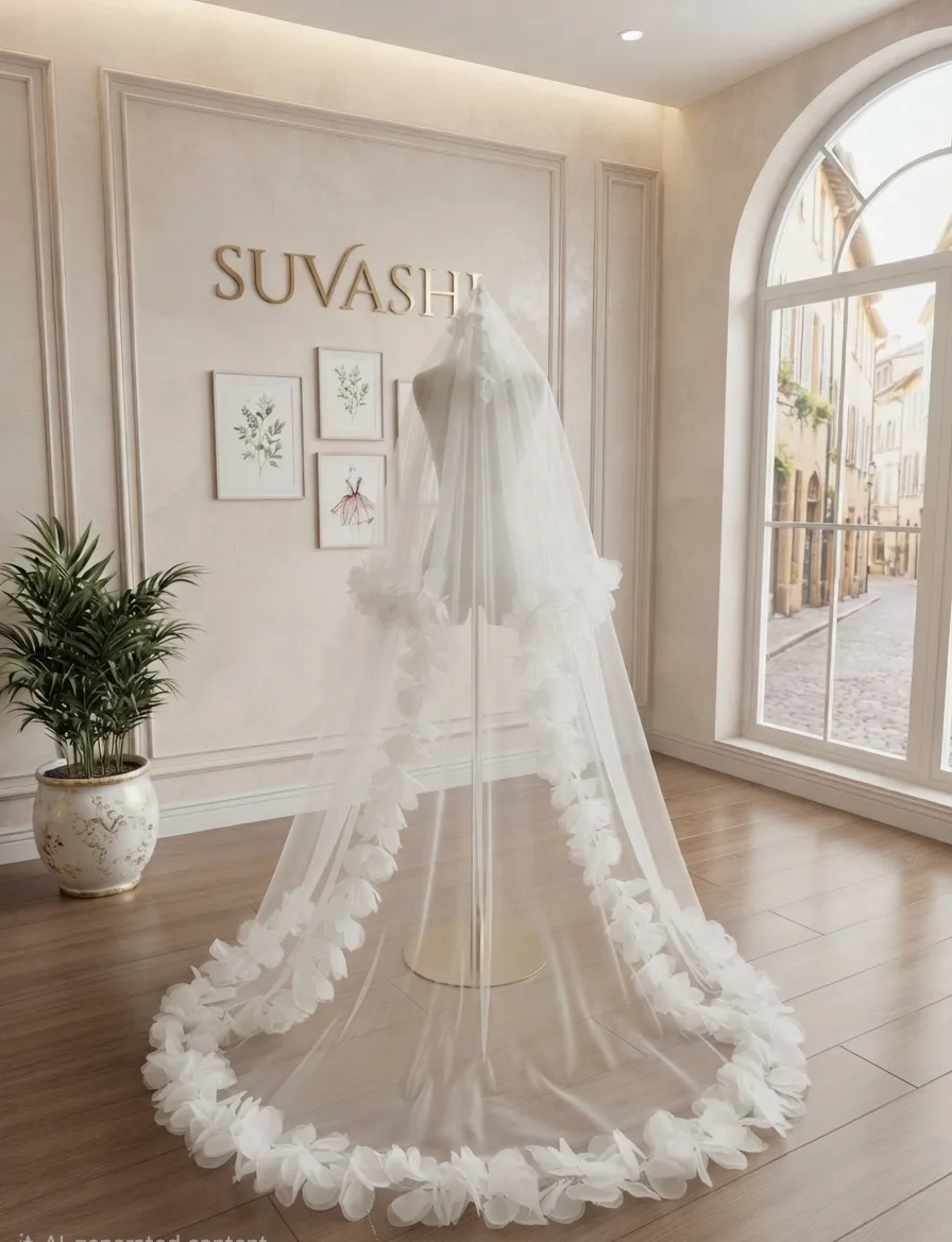 Suvashi White Church Wedding Veil | Christian Bridal Veil with 3D Organza Flower Border | Long Cathedral Veil for Bride - Image 3
