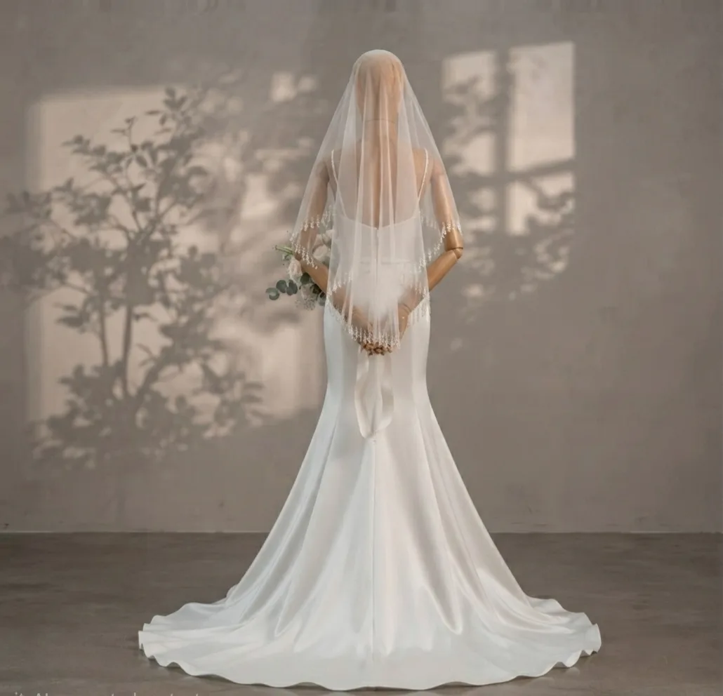 White Hip Length Christian Bridal Veil | Soft Tulle Wedding Veil with Handcrafted Pearl Drop Edge | Elegant Bridal Dupatta for Church Wedding - Image 3