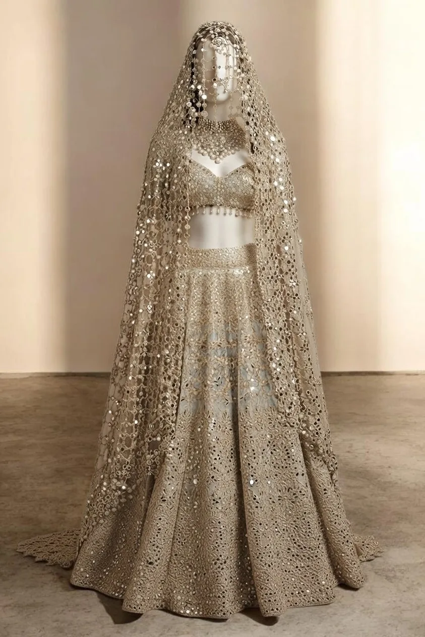 Bridal Mirror Work Jali Dupatta | Designer Wedding Dupatta with Intricate Mirror Embroidery | Heavy Bridal Dupatta for Bride - Image 2