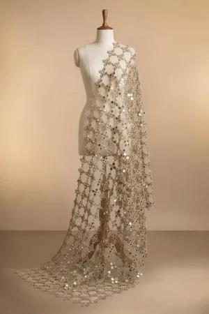 Bridal Mirror Work Jali Dupatta | Designer Wedding Dupatta with Intricate Mirror Embroidery | Heavy Bridal Dupatta for Bride
