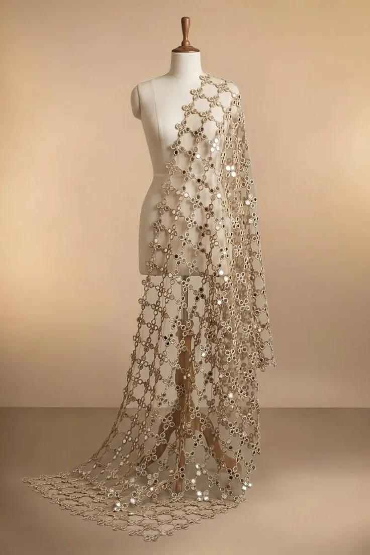 Bridal Mirror Work Jali Dupatta | Designer Wedding Dupatta with Intricate Mirror Embroidery | Heavy Bridal Dupatta for Bride