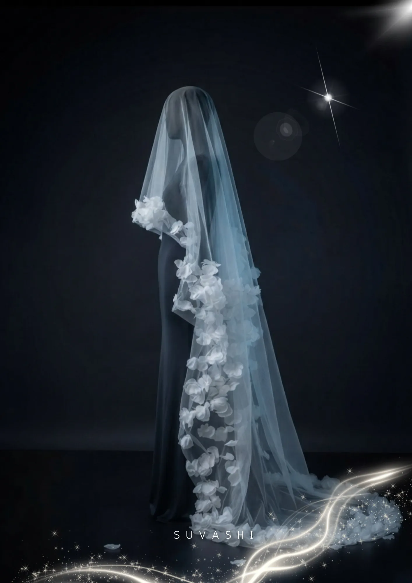 3D Organza Flower Bridal Veil | Soft Net Wedding Veil for Bride | Romantic Floral Cathedral Veil - Image 3