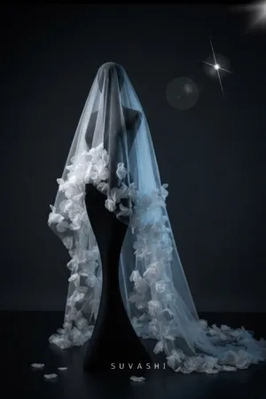 3D Organza Flower Bridal Veil | Soft Net Wedding Veil for Bride | Romantic Floral Cathedral Veil