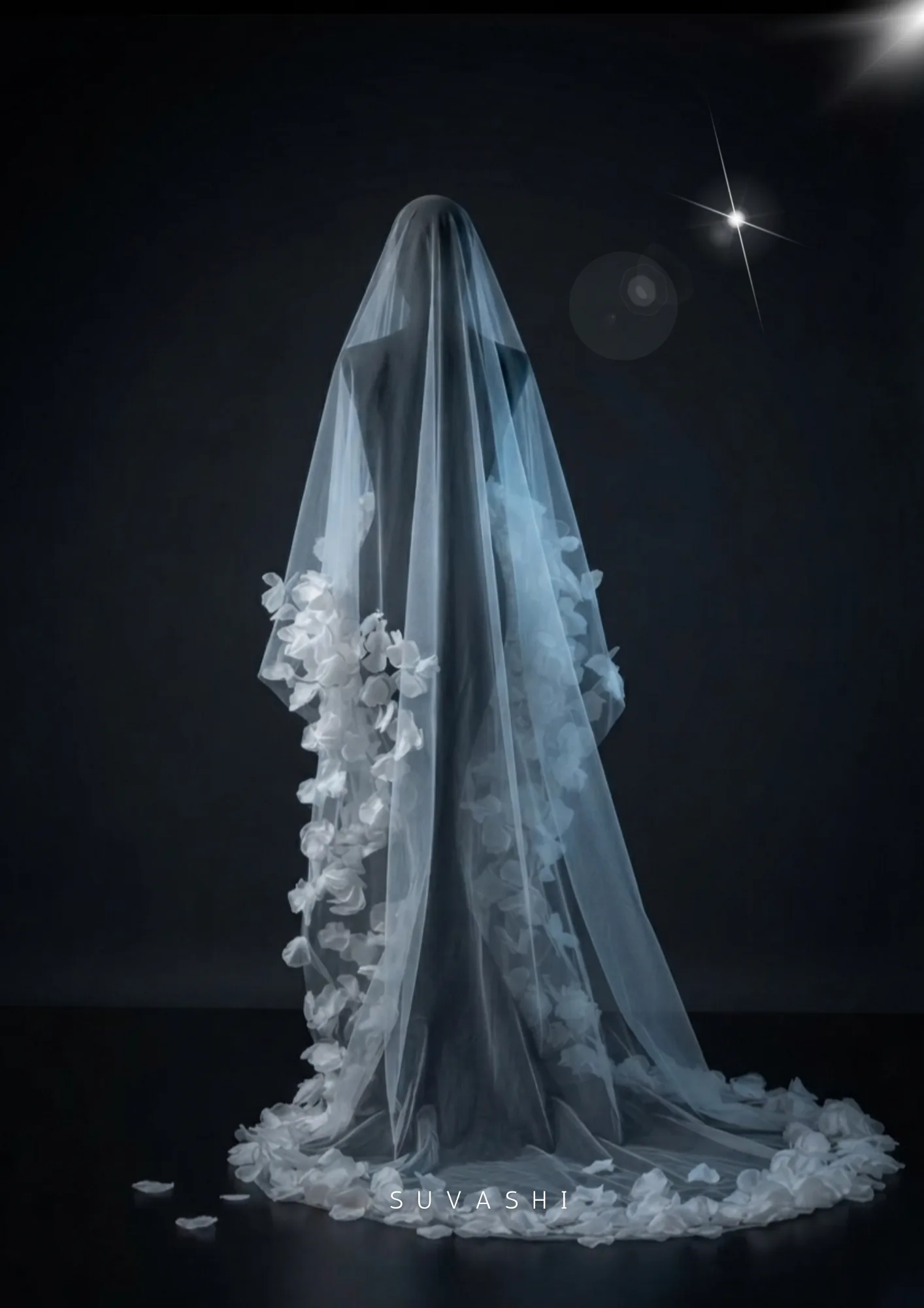3D Organza Flower Bridal Veil | Soft Net Wedding Veil for Bride | Romantic Floral Cathedral Veil - Image 2