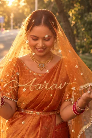 Rust Orange Bridal Ghunghat Veil with Custom Name Design | Stone Work Veil