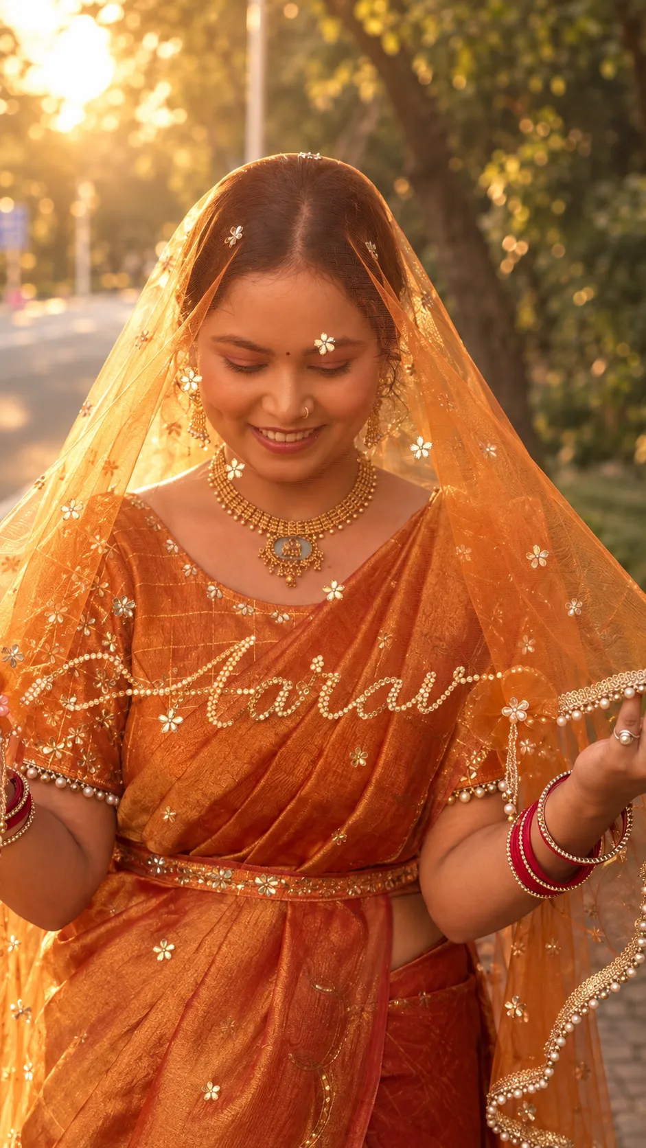Rust Orange Bridal Ghunghat Veil with Custom Name Design | Stone Work Veil