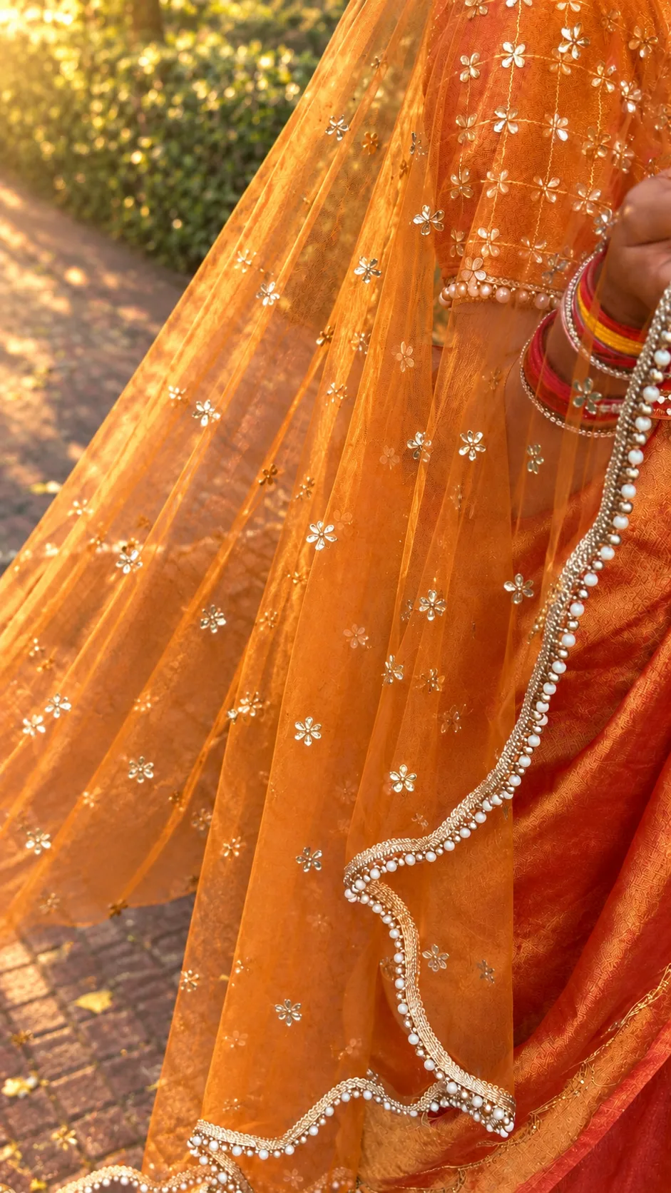Rust Orange Bridal Ghunghat Veil with Custom Name Design | Stone Work Veil - Image 3