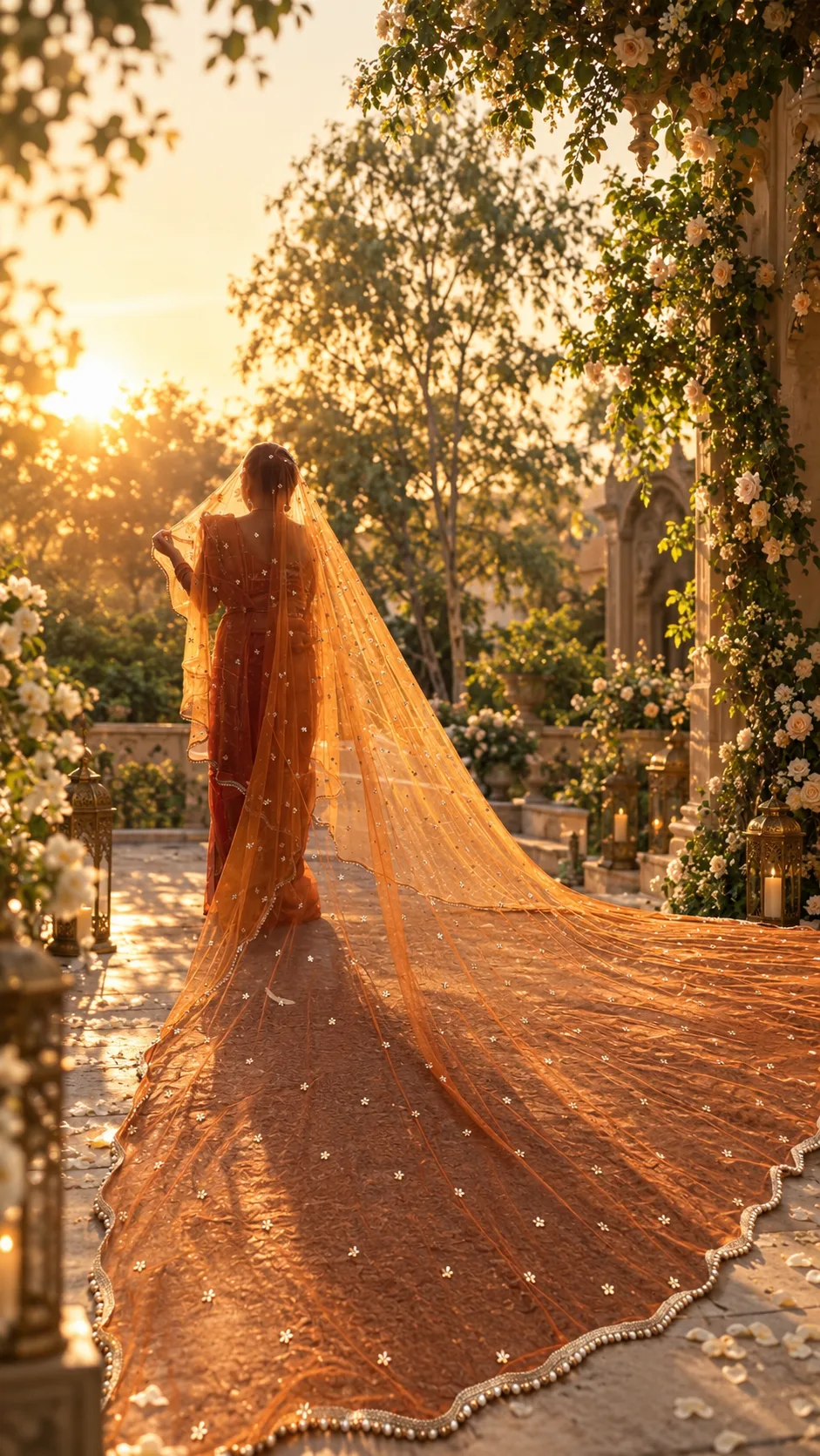 Rust Orange Bridal Ghunghat Veil with Custom Name Design | Stone Work Veil - Image 4