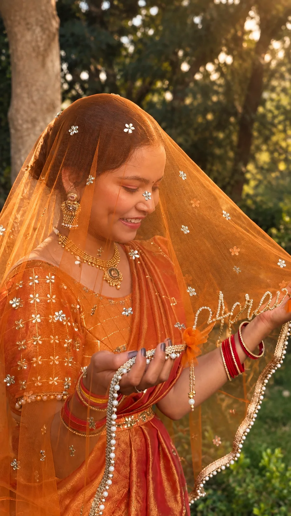 Rust Orange Bridal Ghunghat Veil with Custom Name Design | Stone Work Veil - Image 2